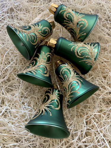 Ornament zlatý na zelené - zvončeky 6ks